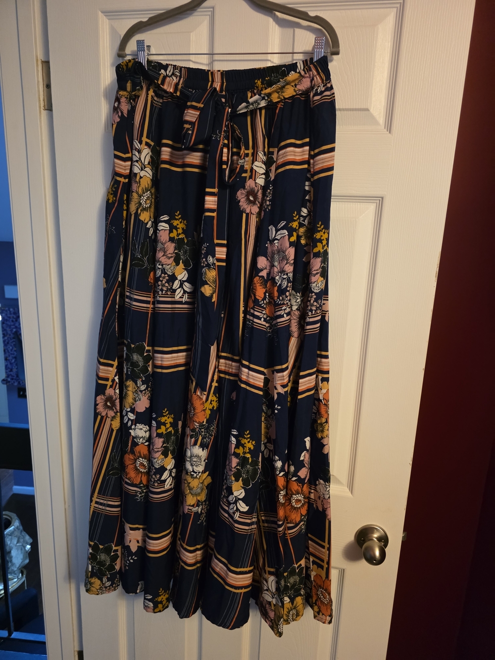 Navy Floral Plaid Maxi Skirt with Tie Waist